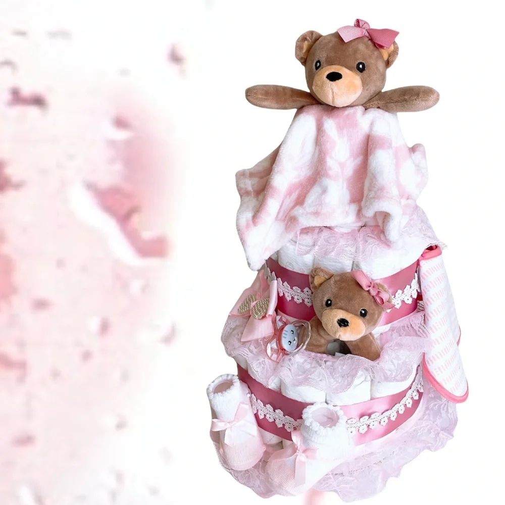 Teddy Bear Girl Diaper Cake